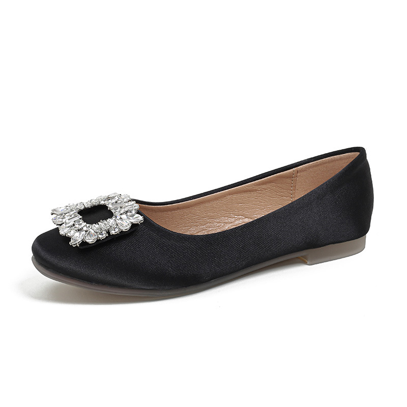 Pantofi cu talpă plată, vârf pătrat, partea superioară satinată, stil coreean, toc plat mic 1-3 cm, talpă din cauciuc