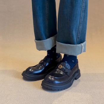 Loafers, vintage-stílus, felső rész tehénbőr, vastag sarok, gumitalp