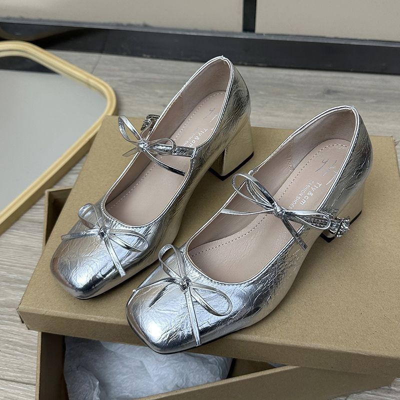 Pantofi Mary Jane pentru femei, vârf pătrat, PU partea superioară, toc gros 6-8 cm