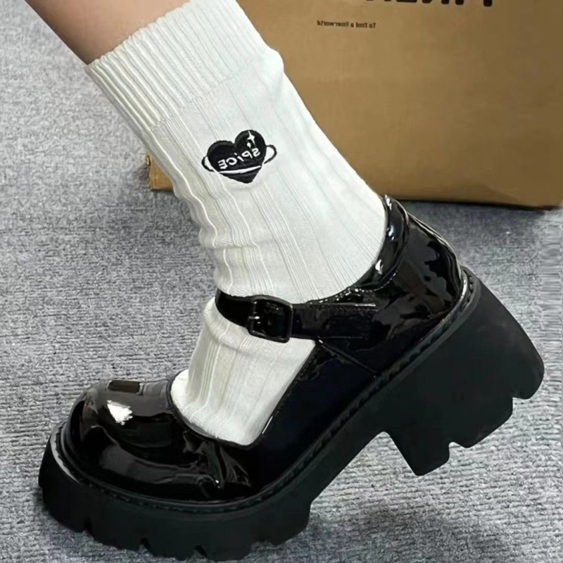 Pantofi JK din piele sintetică pentru femei, Mary Jane cu talpă groasă și toc lat, partea superioară din piele sintetică, talpă din cauciuc, închidere cu șiret frontal