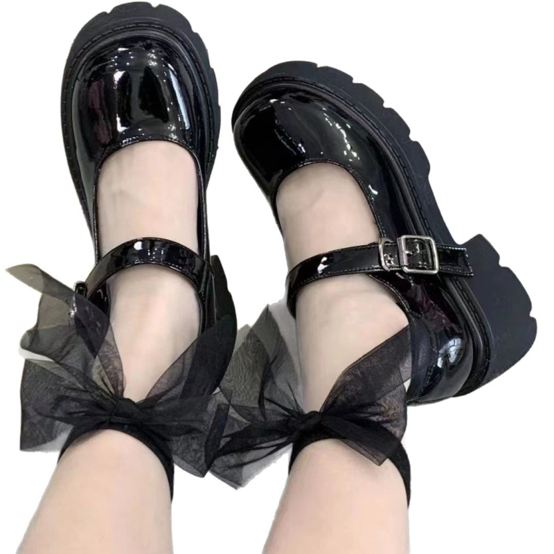 Pantofi JK din piele sintetică pentru femei, Mary Jane cu talpă groasă și toc lat, partea superioară din piele sintetică, talpă din cauciuc, închidere cu șiret frontal