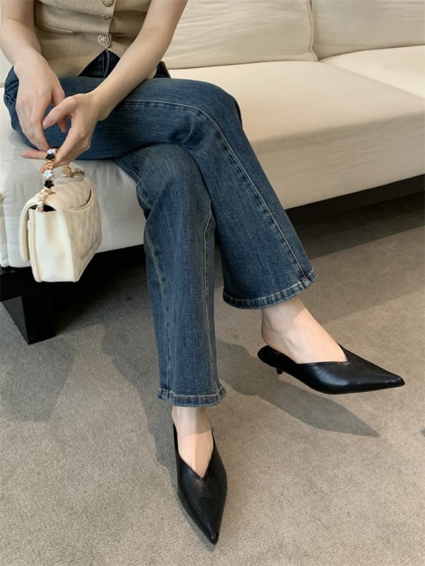 Pantofi Mary Jane cu vârf ascuțit, partea superioară PU, toc redus, talpă moale, căptușeală din microfibră