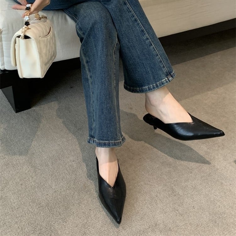 Pantofi Mary Jane cu vârf ascuțit, partea superioară PU, toc redus, talpă moale, căptușeală din microfibră