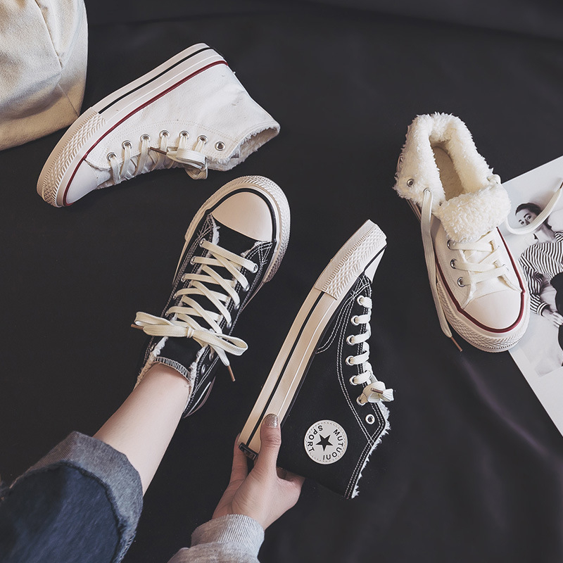 Unisex augstas kājas kurpes no auduma – korejiešu stilā, pretslīdējoša zole, vulkanizēta gumijas zole, iekšējā odere no mākslīgās vilnas