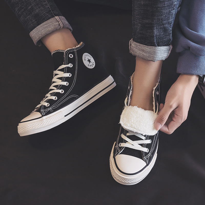 Unisex augstas kājas kurpes no auduma – korejiešu stilā, pretslīdējoša zole, vulkanizēta gumijas zole, iekšējā odere no mākslīgās vilnas