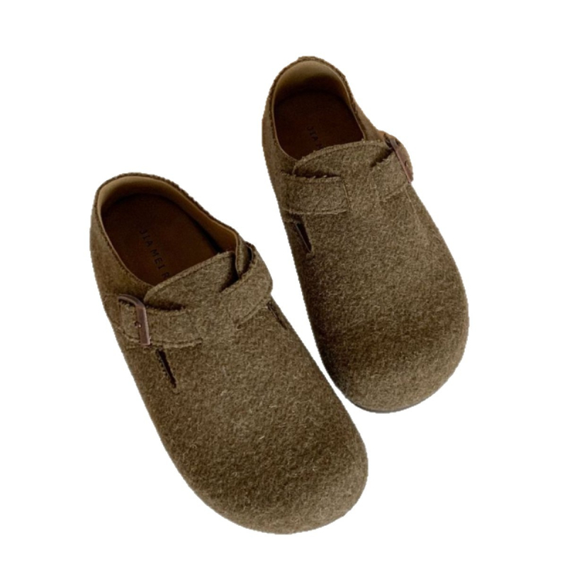 Ženske slip-on loafers u Birkenstock stilu, okrugla špic, gornji dio od vunenog materijala, gumena potplata, niski pet 1–3 cm