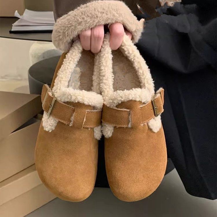 Γυναικείες loafers από σουέντ με μαλακή σόλα, πάτος από τεχνητή γούνα, κλείσιμο με αγκράφα, δερμάτινη επένδυση