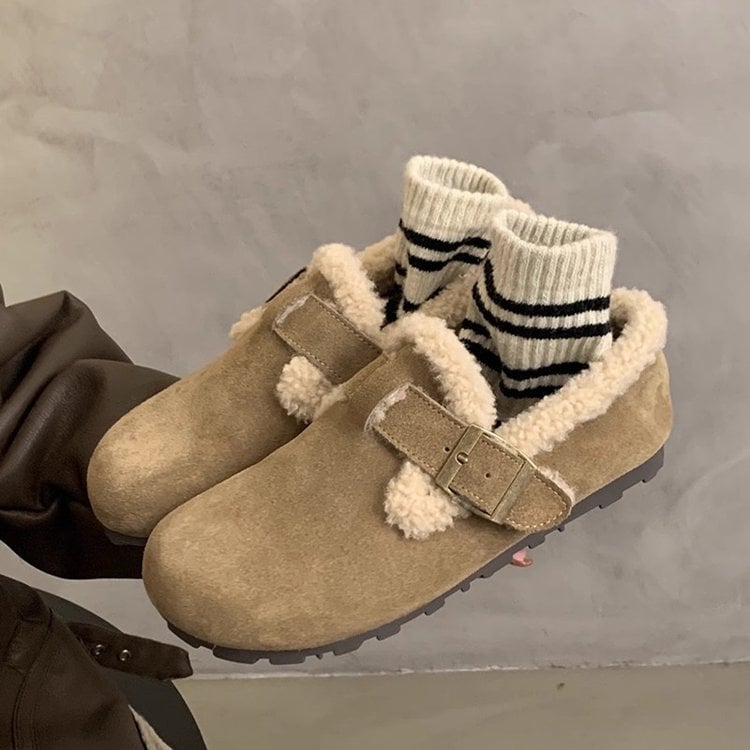 Γυναικείες loafers από σουέντ με μαλακή σόλα, πάτος από τεχνητή γούνα, κλείσιμο με αγκράφα, δερμάτινη επένδυση