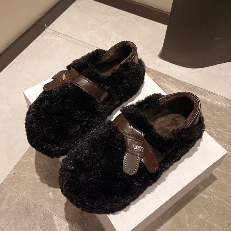 Ženske mokasine od semišne kože s umjetnim krznom, gumeni potplat, bez vezica, zimske cipele