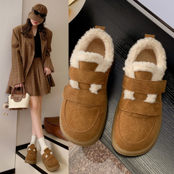 Ženske zimske cipele od velura s flek podlogom, Velcro zatvaranje, gumeni potplat, niski gornji dio, zaobljena nosnica