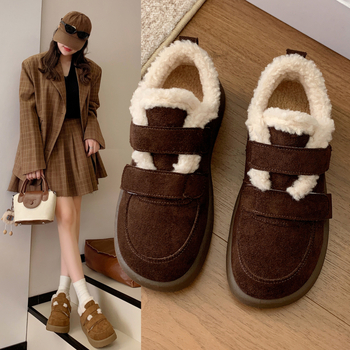 Ženske zimske cipele od velura s flek podlogom, Velcro zatvaranje, gumeni potplat, niski gornji dio, zaobljena nosnica