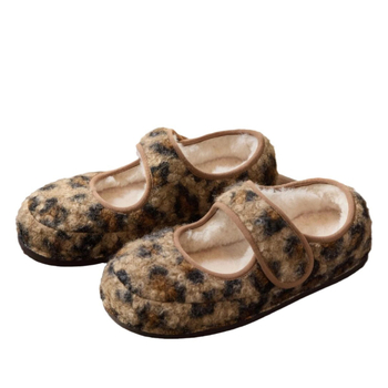 Leopárd mintás Mary Jane női lapos cipő velúr felsőrésszel, plüss belsővel, Velcro zárás, alacsony sarok