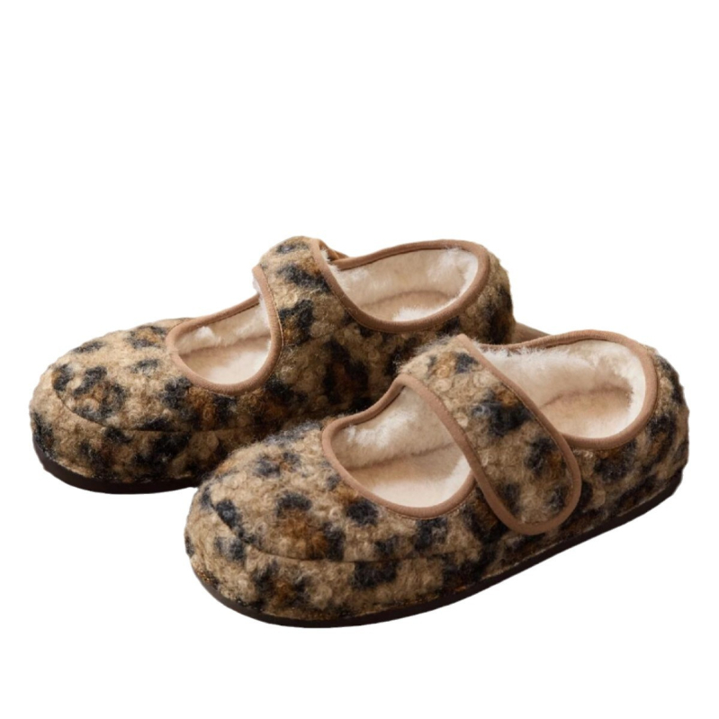 Leopárd mintás Mary Jane női lapos cipő velúr felsőrésszel, plüss belsővel, Velcro zárás, alacsony sarok