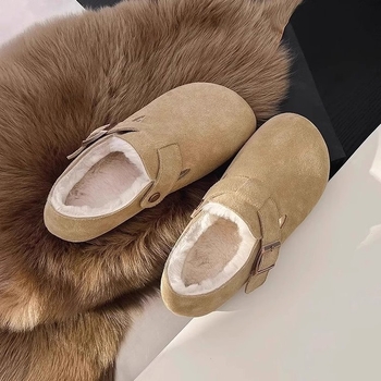 Moteriški medvilniniai batai – žiema, žemas viršus, apvalus nosis, Frosted viršus, dirbtinis trumpas pūkas pamušalas