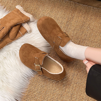 Moteriški medvilniniai batai su pūkine įdaila — žemas viršus, apvalus priekis, guma padas, žiema 2025