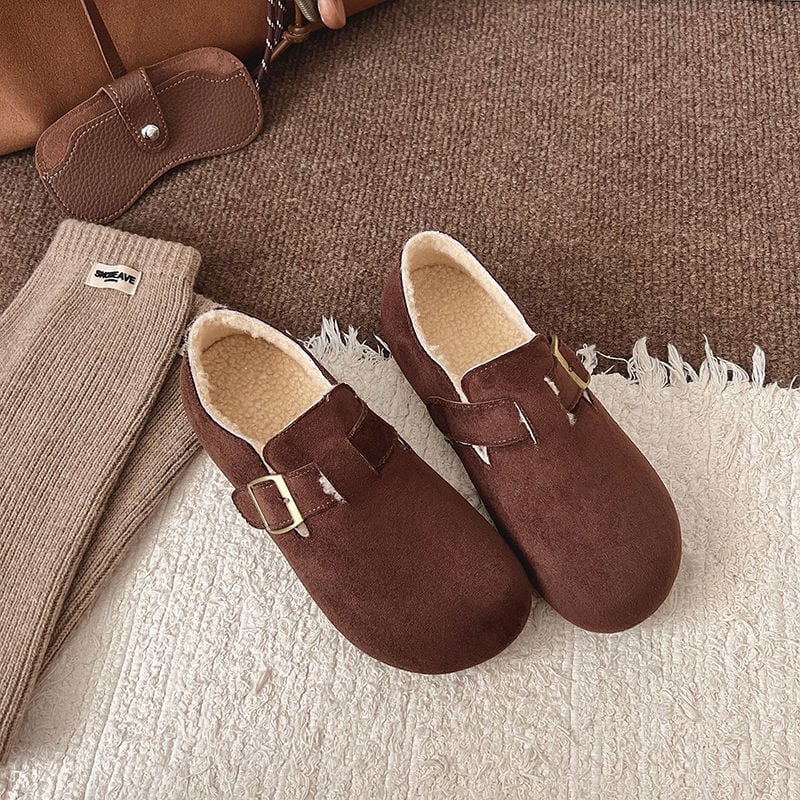 Moteriški medvilniniai batai su pūkine įdaila — žemas viršus, apvalus priekis, guma padas, žiema 2025