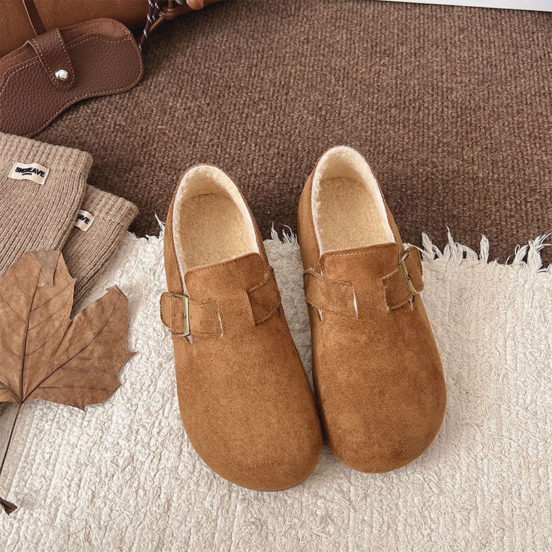 Moteriški medvilniniai batai su pūkine įdaila — žemas viršus, apvalus priekis, guma padas, žiema 2025