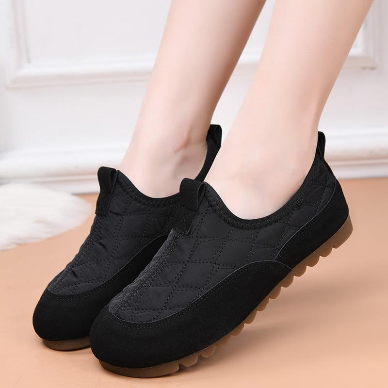 Moteriški žieminiai audinio batai su dirbtinės pūkos įdėklu, slip-on, gumos pada, apvali nosis, žemas profilis