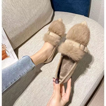 Női szőrös mokaszín slip-on, kerek orrú, vastag talppal, PU belső talp, téli