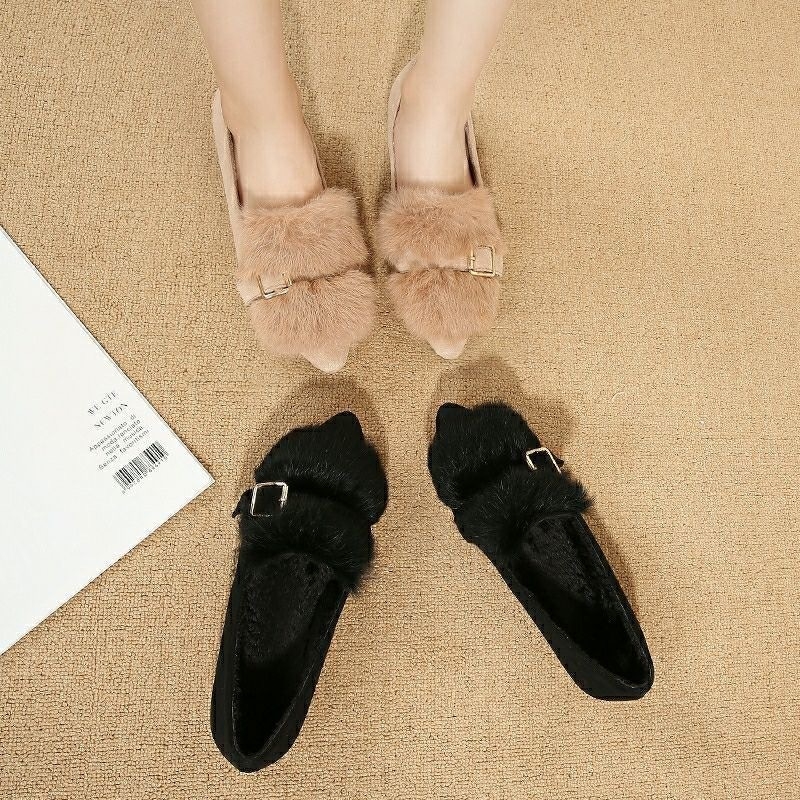 Női szőrös mokaszín slip-on, kerek orrú, vastag talppal, PU belső talp, téli