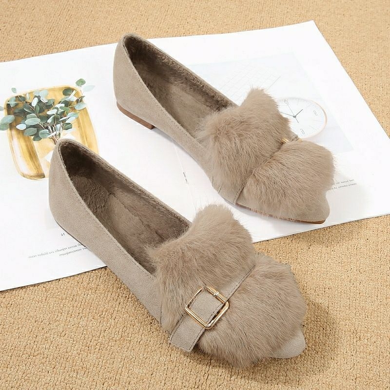 Női szőrös mokaszín slip-on, kerek orrú, vastag talppal, PU belső talp, téli