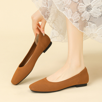 Ženske ravne cipele, jednostavan stil, pleteni gornji dio, četvrtasti vrh, klinasti potplat 4-6 cm