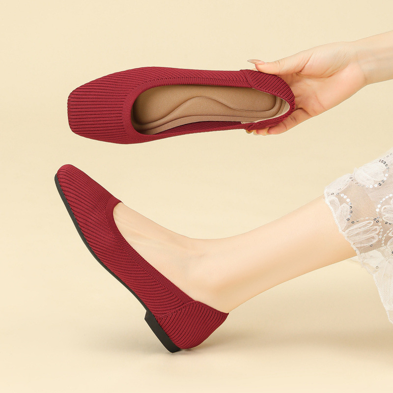 Ženske ravne cipele, jednostavan stil, pleteni gornji dio, četvrtasti vrh, klinasti potplat 4-6 cm