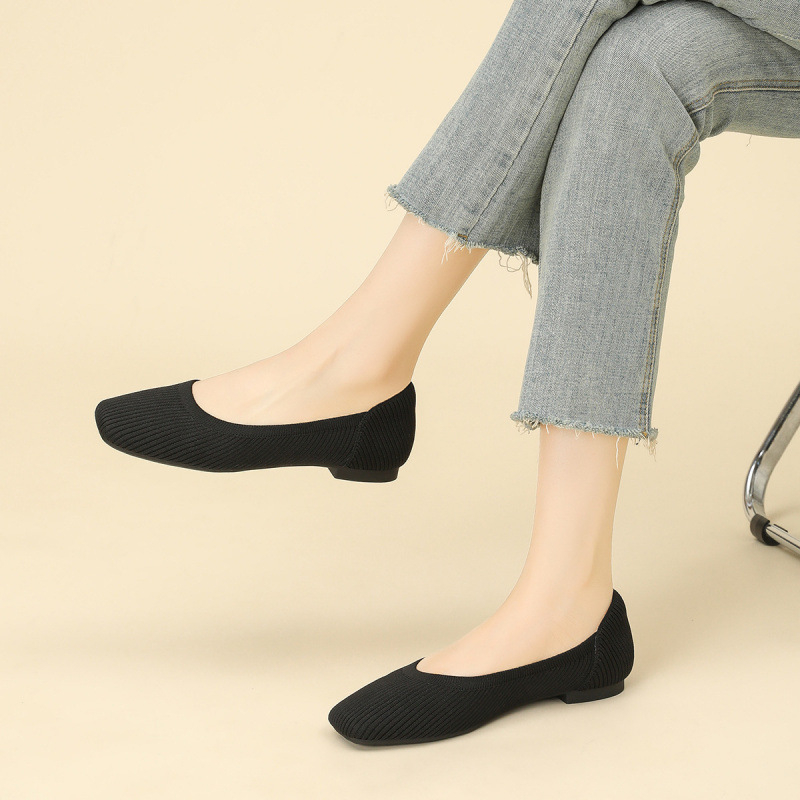 Ženske ravne cipele, jednostavan stil, pleteni gornji dio, četvrtasti vrh, klinasti potplat 4-6 cm