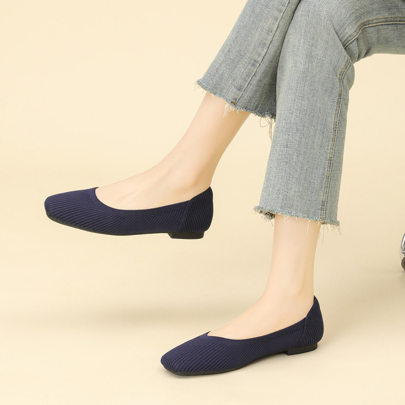 Ženske ravne cipele, jednostavan stil, pleteni gornji dio, četvrtasti vrh, klinasti potplat 4-6 cm