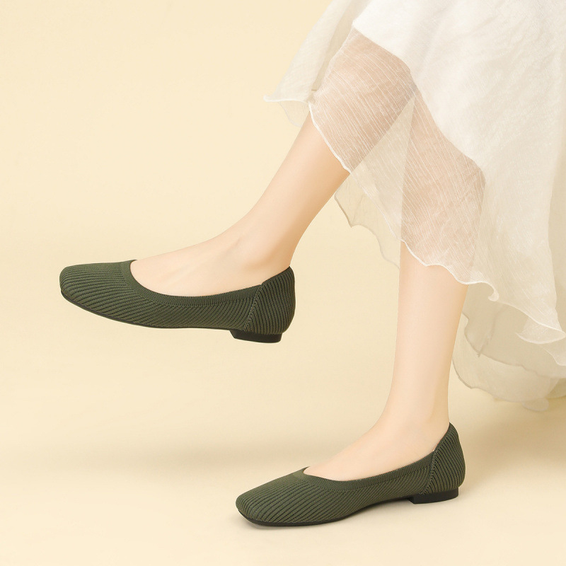 Ženske ravne cipele, jednostavan stil, pleteni gornji dio, četvrtasti vrh, klinasti potplat 4-6 cm