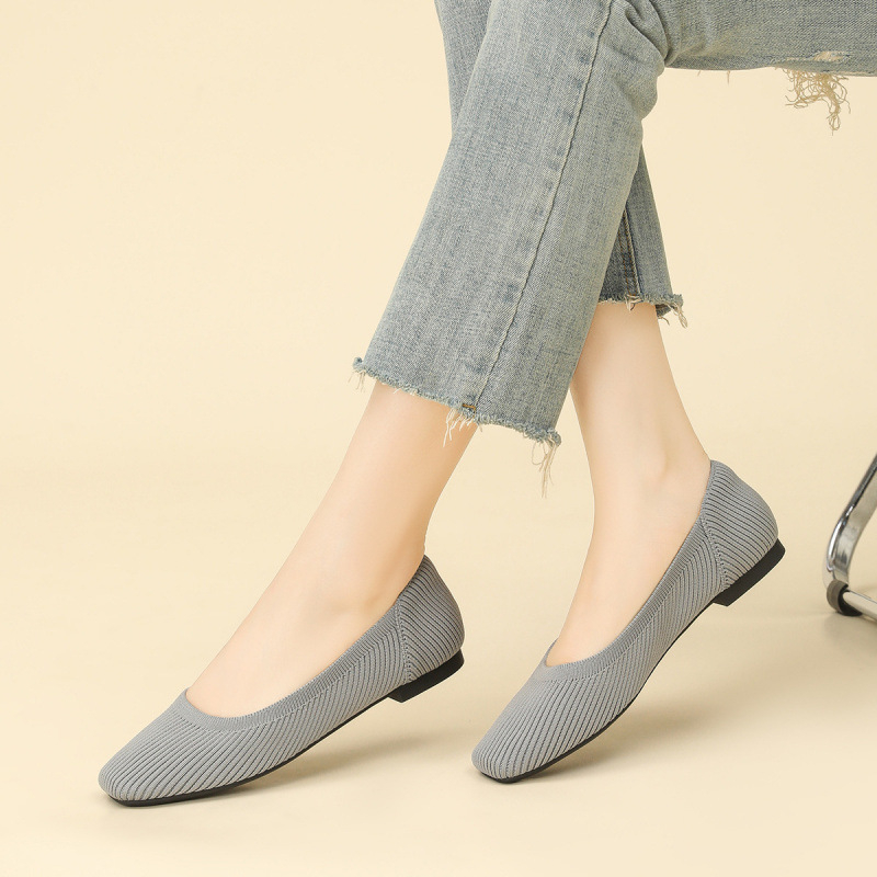 Ženske ravne cipele, jednostavan stil, pleteni gornji dio, četvrtasti vrh, klinasti potplat 4-6 cm