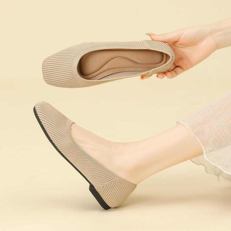 Ženske ravne cipele, jednostavan stil, pleteni gornji dio, četvrtasti vrh, klinasti potplat 4-6 cm