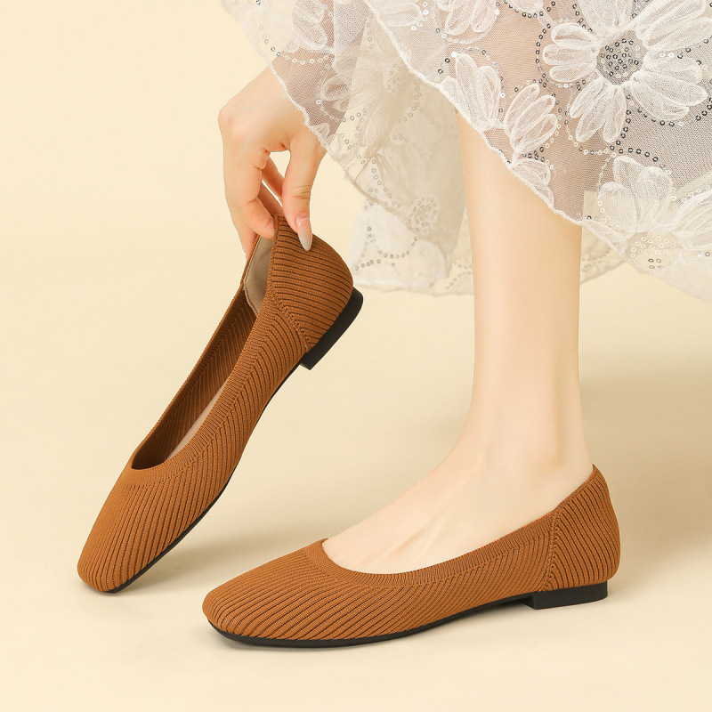 Ženske ravne cipele, jednostavan stil, pleteni gornji dio, četvrtasti vrh, klinasti potplat 4-6 cm