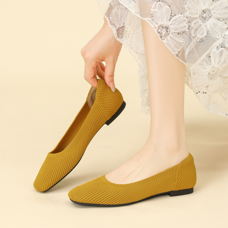Ženske ravne cipele, jednostavan stil, pleteni gornji dio, četvrtasti vrh, klinasti potplat 4-6 cm