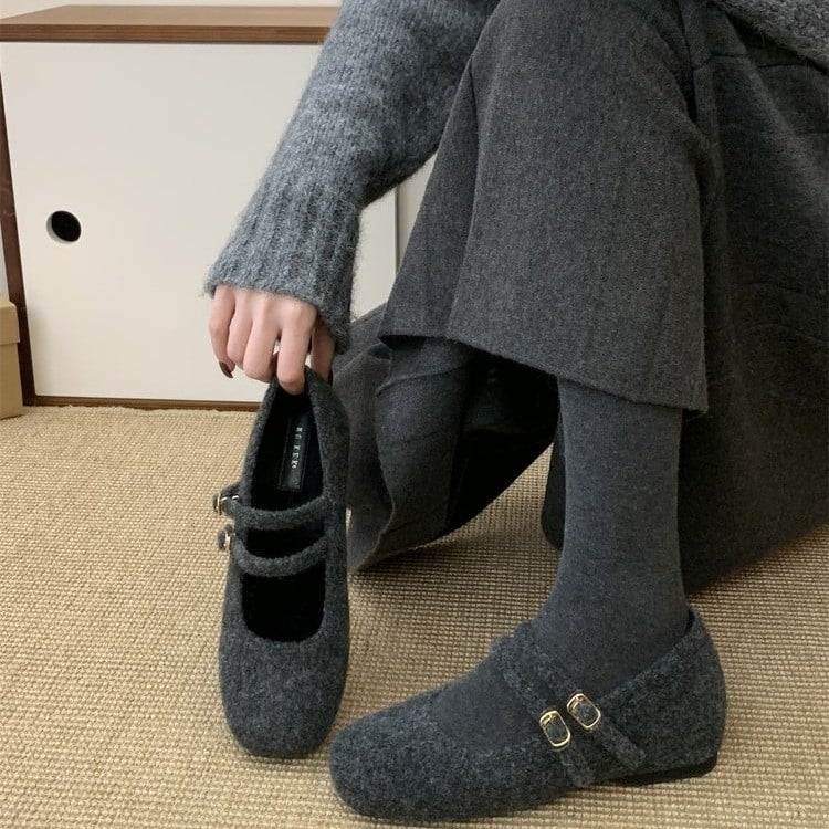 Moteriški Mary Jane bateliai su 5 cm vidinio aukščio padidėjimu, nubuko viršus, pūkuota vidinė danga, guminė padas