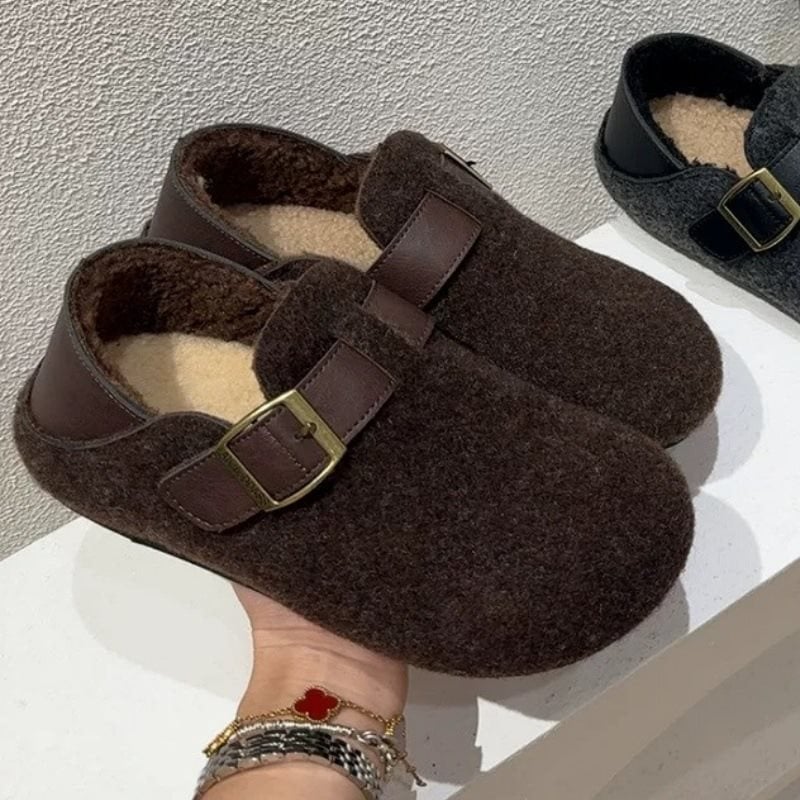 Moteriški žieminiai loaferiai su velūro viršumi, vidinė dirbtinio trumpo kailio apdaila, vidutinio kulno 3–5 cm, slip-on dizainas