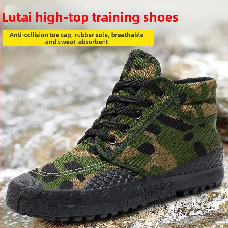 Lutai Darba apavi, augsta augšdaļa no audekla, vulkanizēta gumijas zole, ādas pirksta aizsargs, maskēšanās raksts