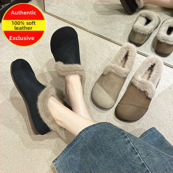 Moteriški šilti pliušiniai slip-on bateliai su apvaliu piršto galiu, viršus – dirbtinė oda, padas – kombinuotas, žemas kulnas, žiema 2024