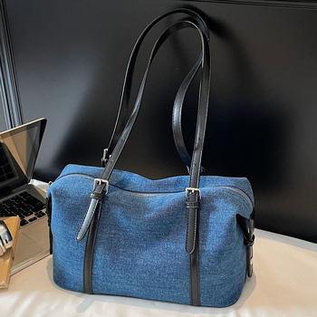 Denim Boston rankinė su užtrauktuku, horizontalaus kvadrato formos, vidinės kišenės (slėptas užtrauktuko kišenė, telefono kišenė, ID kišenė), poliesterio pamušalas