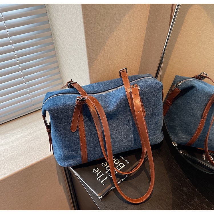 Denim Boston rankinė su užtrauktuku, horizontalaus kvadrato formos, vidinės kišenės (slėptas užtrauktuko kišenė, telefono kišenė, ID kišenė), poliesterio pamušalas