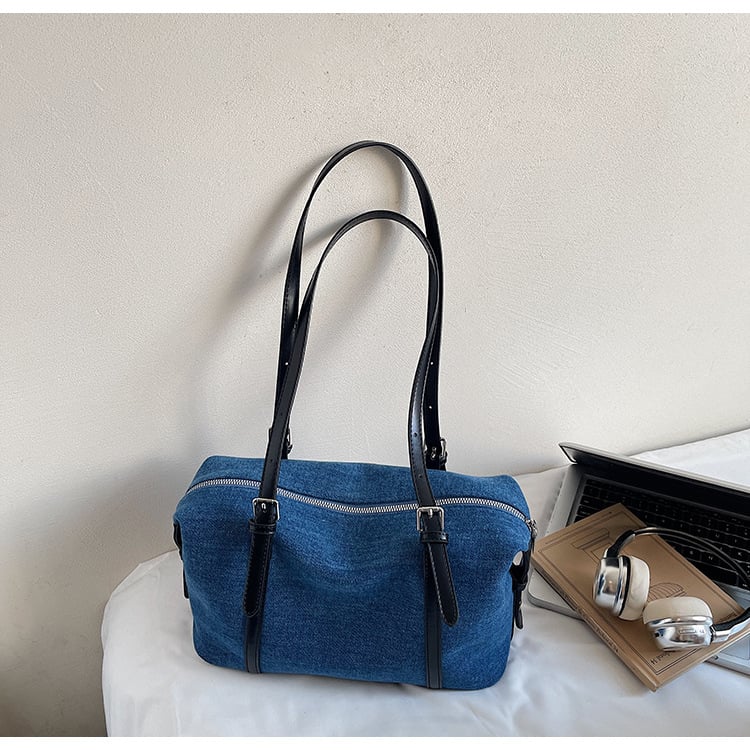 Denim Boston rankinė su užtrauktuku, horizontalaus kvadrato formos, vidinės kišenės (slėptas užtrauktuko kišenė, telefono kišenė, ID kišenė), poliesterio pamušalas