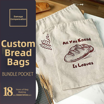 Daugiakartinis bagetės maišelis su virvele iš lino ir medvilnės maisto pakavimui; logotipo spausdinimas; licencijuotas privatų prekės ženklą