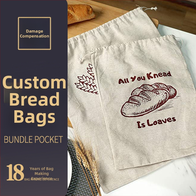 Daugiakartinis bagetės maišelis su virvele iš lino ir medvilnės maisto pakavimui; logotipo spausdinimas; licencijuotas privatų prekės ženklą