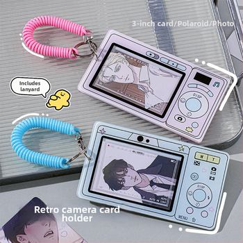 Akrilo kortelių laikiklis su retro fotoaparato motyvu — kortelėms/ID ir nuotraukų saugojimas, šiuolaikiškas paprastas stilius