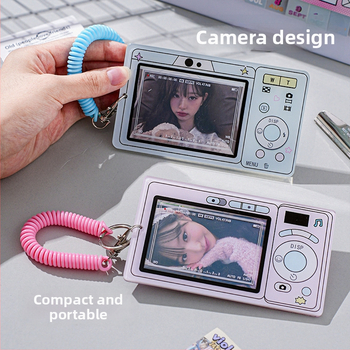 Akrilo kortelių laikiklis su retro fotoaparato motyvu — kortelėms/ID ir nuotraukų saugojimas, šiuolaikiškas paprastas stilius