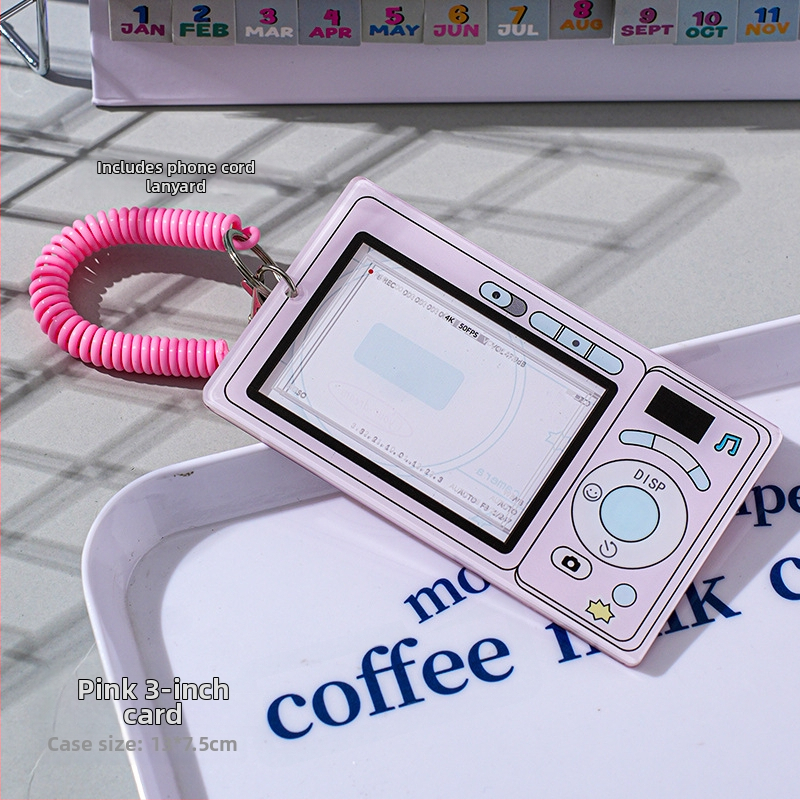 Akrilo kortelių laikiklis su retro fotoaparato motyvu — kortelėms/ID ir nuotraukų saugojimas, šiuolaikiškas paprastas stilius