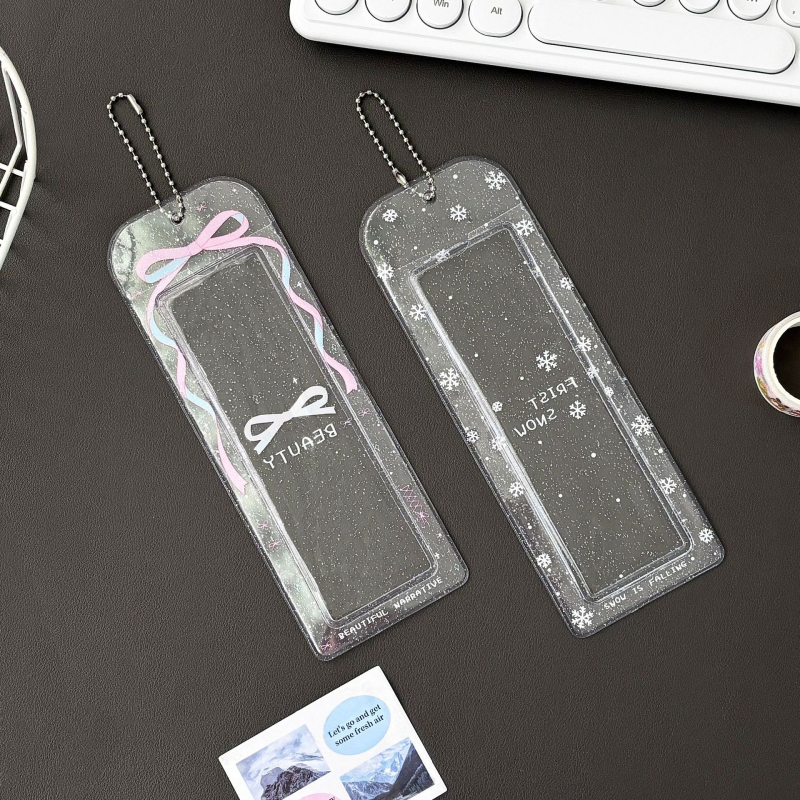 Καρτοθήκη τεσσάρων θέσεων, λαμπερή κορδέλα-φιόγκο και σχέδιο χιονονιφάδας, PVC, INS στυλ