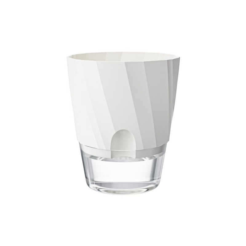 Саксия за цветя със самополиване, прозрачен пластмасов корпус, устойчив на корозия и издръжлив; подходяща за настолно или подово използване, скандинавски минималистичен дизайн, изработена чрез инжекционно формиране.