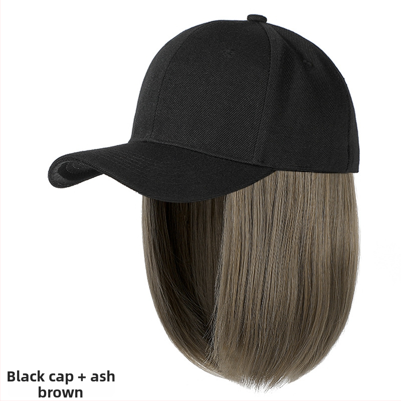 Perukas su integruota kepure – bob tipo trumpi plaukai, matinė aukštos temperatūros viela, natūralus stilius, moterims; galima dažyti ir permuoti