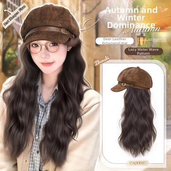 Parukos su skrybėle moterims, beretės stiliaus, vandens bangų garbanos, be kirpimo, aukštos temperatūros viela, mechaninis gamybos būdas, suteikia plaukų apimtį
